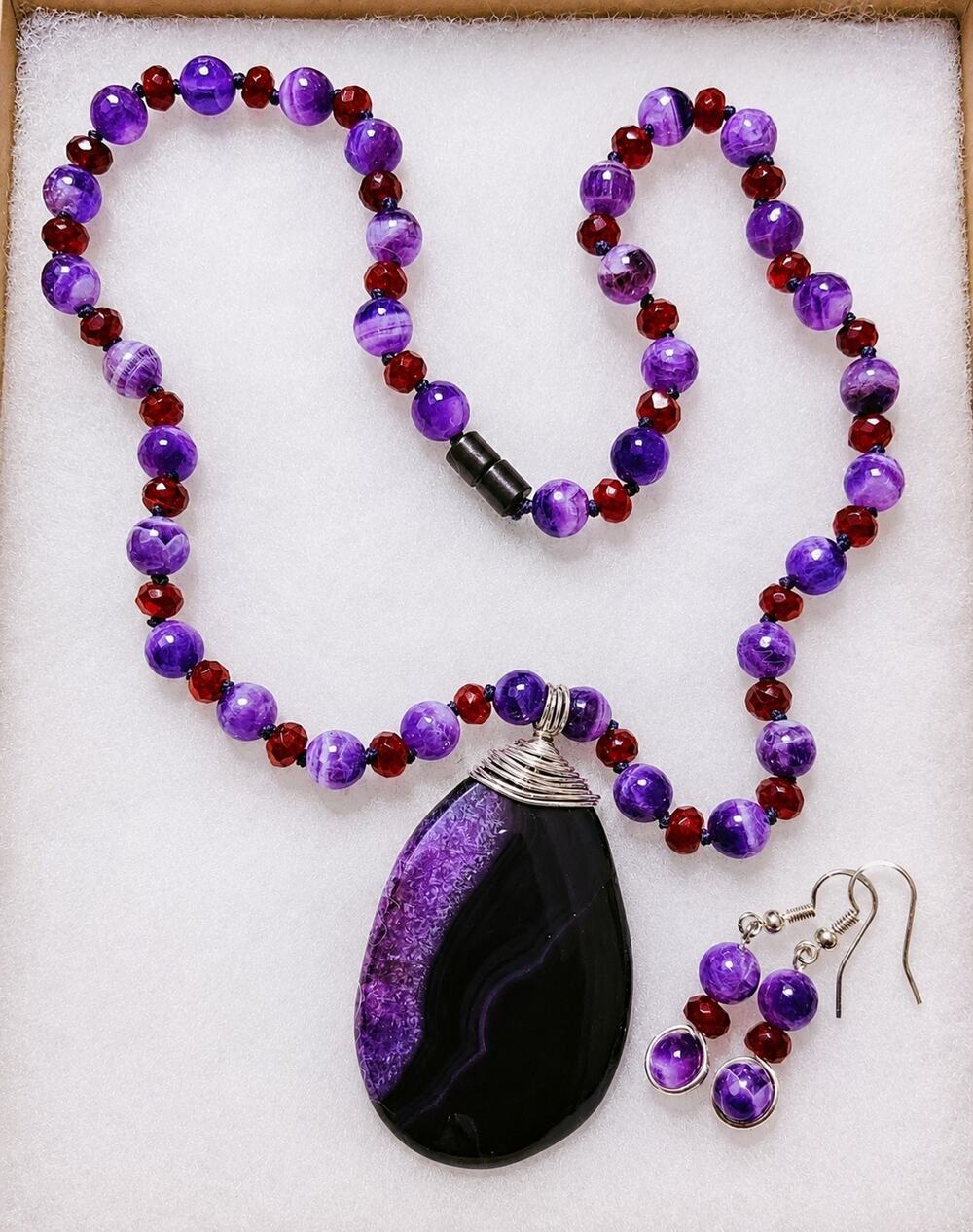 Handmade Amethyst Carnelian Gemstone Necklace & Earrings Set Wire Wrapped...